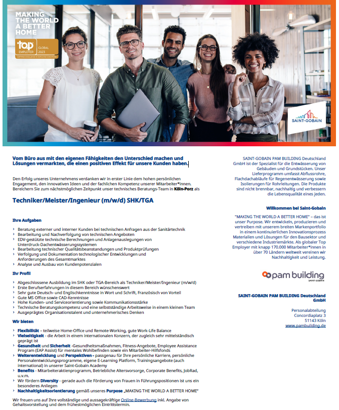 Stellenanzeige Techniker/Meister/Ingenieur (m/w/d) SHK/TGA